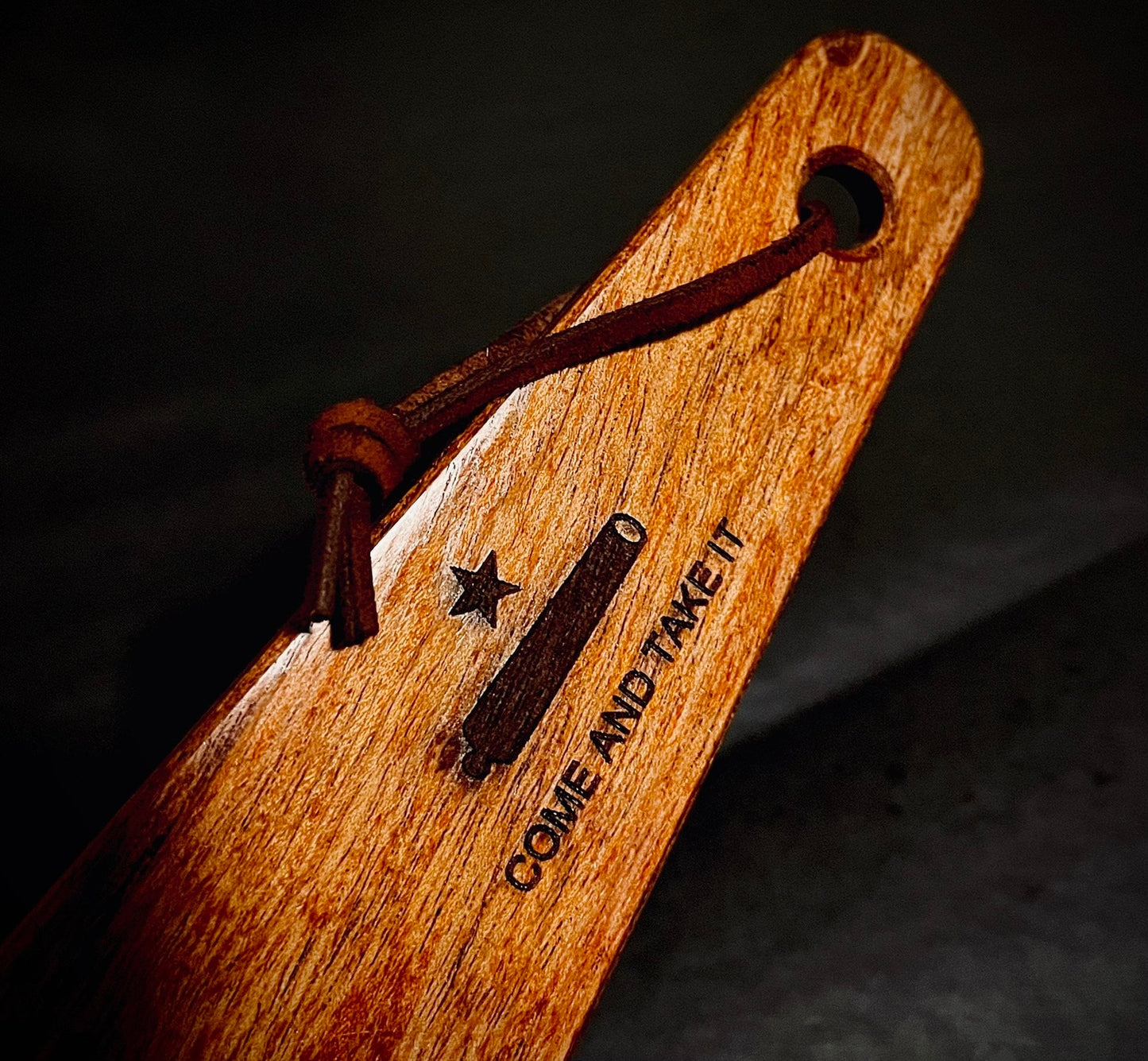 Cowboy Spatula - “Come and Taste It". Mesquite Wood. Handmade in Texas. Made in USA. Safe for nonstick, and cast iron cookware.