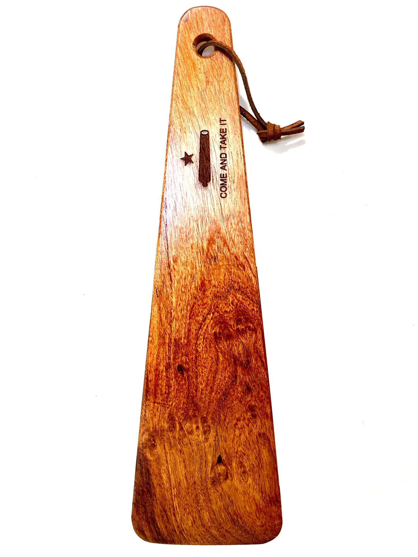 Cowboy Spatula - “Come and Take It". Mesquite Wood. Handmade in Texas. Made in USA. Safe for nonstick, and cast iron cookware.